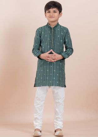 Green Printed Kids Readymade Kurta Pajama