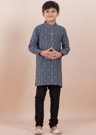 Grey Printed Kids Readymade Kurta Pajama Set