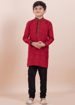 Red Printed Kids Readymade Kurta Pajama Set