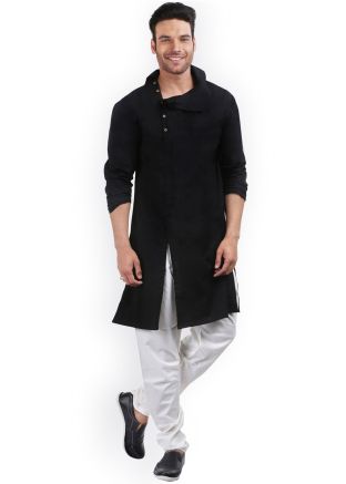Indian Dresses USA - Readymade Black Cotton Slit Style Kurta Pajama
