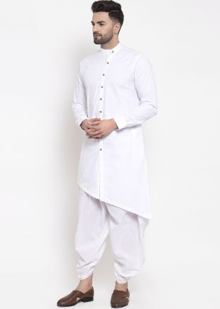 White Cotton Asymmetric Kurta Dhoti Set