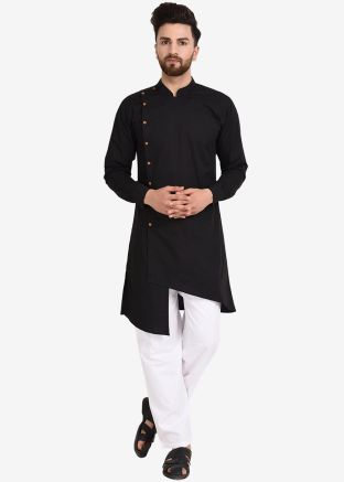 Black Asymmetric Cotton Kurta Pajama Set