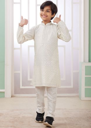 Readymade Cream Embellished Kids Kurta Pajama