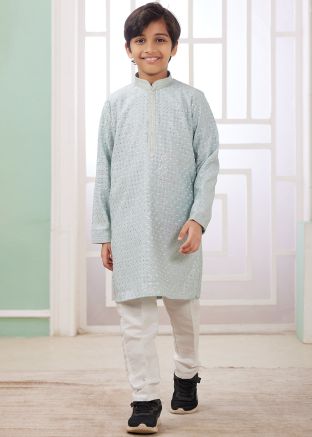 Readymade Blue Embroidered Kids Kurta Pajama
