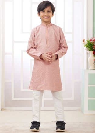 Readymade Peach Embroidered Kids Kurta Pajama