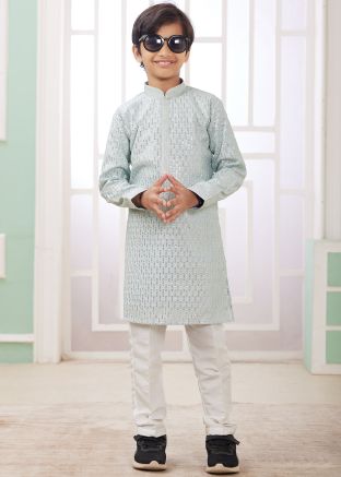Grey Kids Readymade Embroidered Kurta Pajama Set