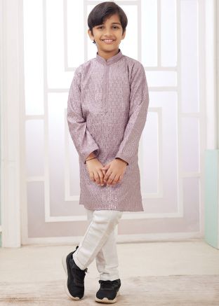 Lavender Readymade Kids Embroidered Kurta Pajama Set