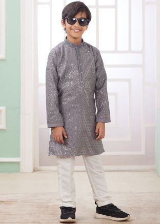 Grey Readymade Kids Embroidered Kurta Pajama Set