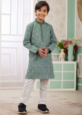 Green Readymade Kids Embroidered Kurta Pajama Set