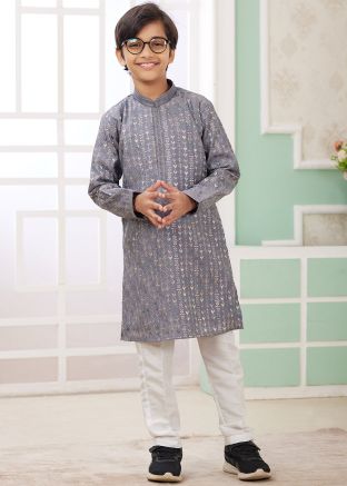 Grey Embroidered Kids Readymade Kurta Pajama