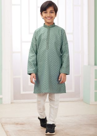 Sage Green Embroidered Kids Readymade Kurta Pajama