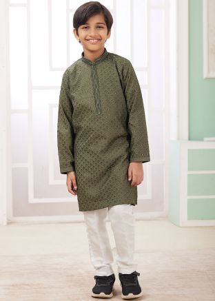 Army Green Embroidered Kids Readymade Kurta Pajama