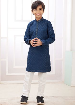 Navy Blue Embroidered Kids Readymade Kurta Pajama
