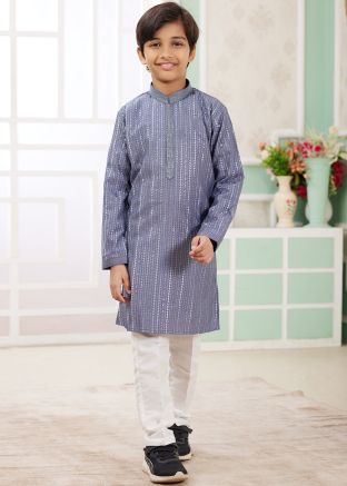 Powder Blue Embroidered Kids Readymade Kurta Pajama
