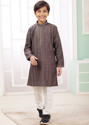 Brown  Embroidered Kids Readymade Kurta Pajama
