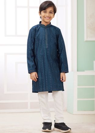 Teal Green Embellished Kids Readymade Kurta Pajama