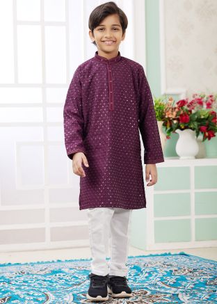 Purple Embellished Kids Readymade Kurta Pajama