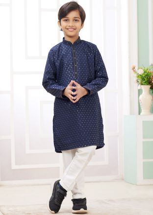 Navy Blue Embellished Kids Readymade Kurta Pajama Set