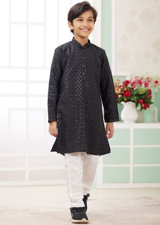 Black Embellished Kids Readymade Kurta Pajama Set