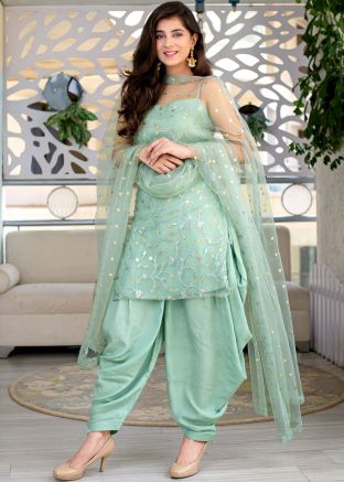 Green Embroidered Readymade Punjabi Suit In Net