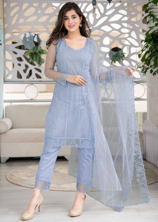Blue Readymade Chanderi Salwar Kameez