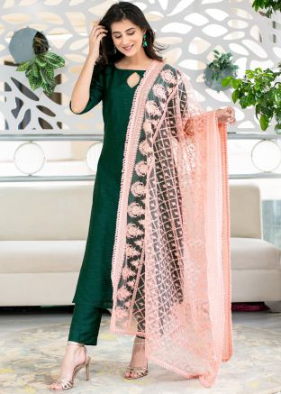 Green Readymade Chanderi Salwar Kameez