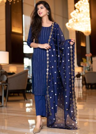 Blue Chanderi Readymade Pant Style Suit Set