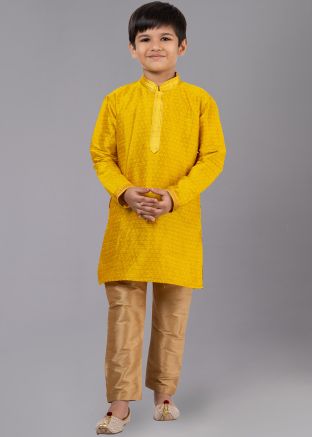 Readymade Yellow Woven Kids Kurta Pajama In Cotton