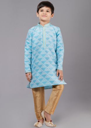 Readymade Blue Woven Kids Kurta Pajama Set
