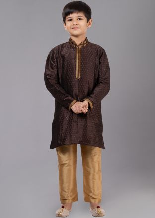 Readymade Brown Woven Kids Kurta Pajama