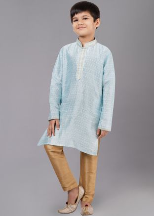 Blue Kids Readymade Woven Kurta Pajama Set
