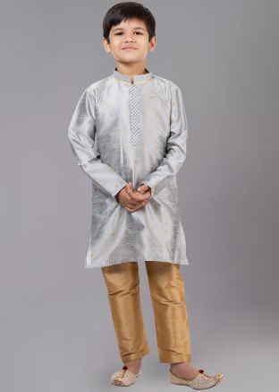 Grey Readymade Kids Woven Kurta Pajama Set