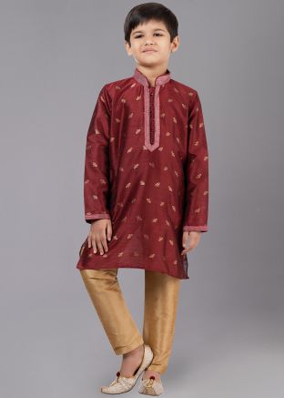 Maroon Readymade Kids Woven Kurta Pajama Set
