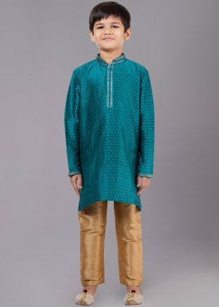 Teal Blue Readymade Kids Woven Kurta Pajama Set