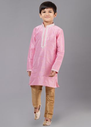 Pink Readymade Kids Woven Kurta Pajama Set