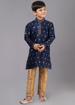Navy Blue Woven Kids Readymade Kurta Pajama