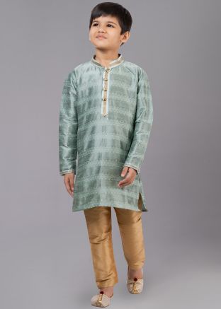 Mint Green Woven Kids Readymade Kurta Pajama