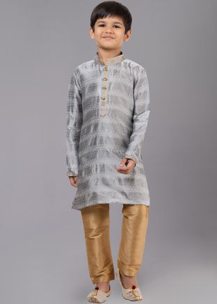 Grey Woven Kids Readymade Kurta Pajama