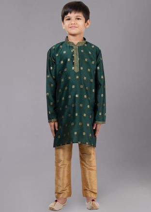 Green Woven Kids Readymade Kurta Pajama Set