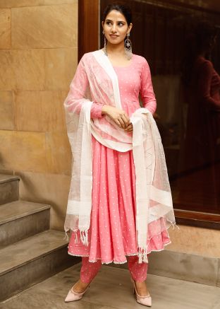 Pink Readymade Rayon Anarkali Style Suit 