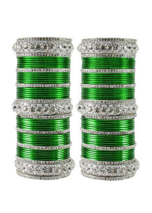 Green And Silver Stone Studded Bridal Bangle Set