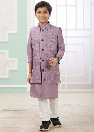 Readymade Kids Mauve Purple Embroidered Sherwani Set