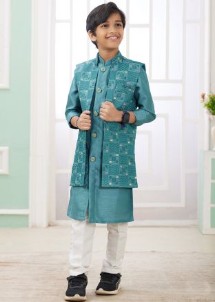 Readymade Kids Teal Blue Embroidered Sherwani Set