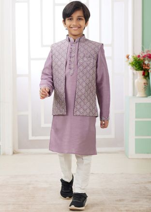 Readymade Kids Purple Embroidered Kurta Pajama With Jacket