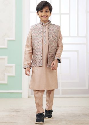 Readymade Kids Brown Embroidered Kurta Pajama With Jacket