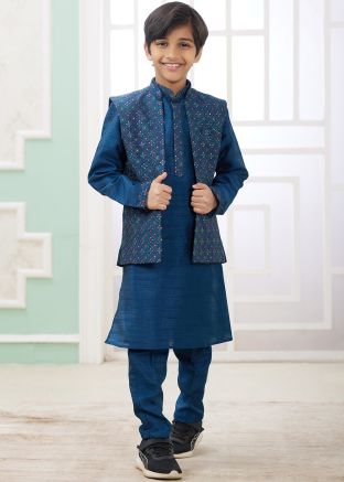 Readymade Kids Teal Blue Embroidered Kurta Pajama With Jacket