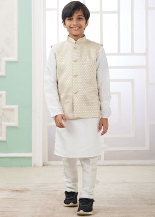 Readymade Kids Off White Kurta Pajama With Nehru Jacket