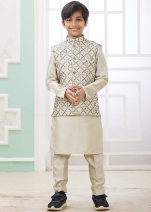 Readymade Beige Kurta Pajama With Nehru Jacket