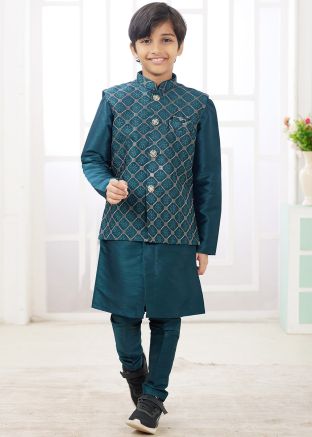 Kids Teal Green Kurta Pajama With Nehru Jacket