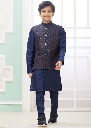 Kids Dark Blue Kurta Pajama With Nehru Jacket